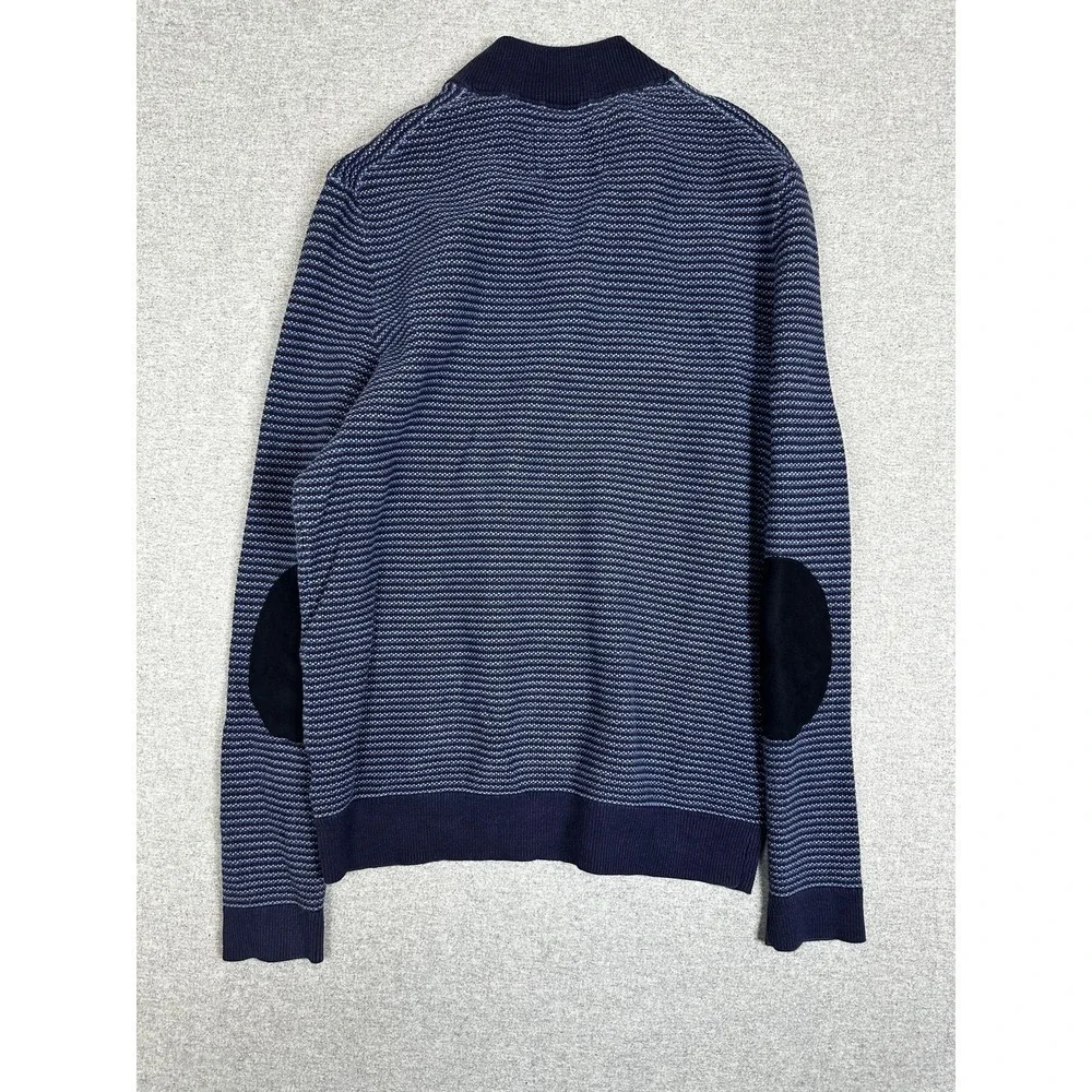 Jos A Bank 1905 Sweater‎ Mens M Blue Stripe Mock Neck Quarter Zip Elbow Patch